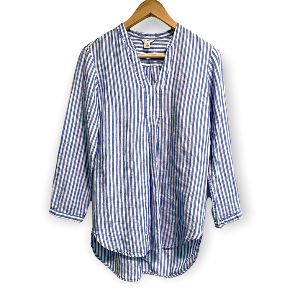 LL Bean 100% Linen Tunic Top Womens Size Medium 3/4  Sleeve V Neck Curved Hem